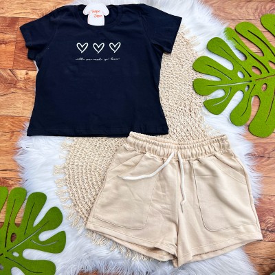  Conj. Blusa All We Need is Love e Short - Preto e Areia